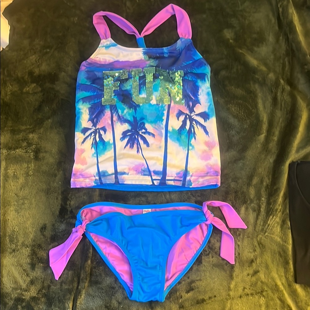 Justice Beach Tankini Girls Size 14 Palm Trees & Sequins Blue/Pink
